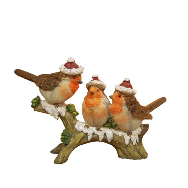 A ceramic figurine of Three Robins on a Branch. These jolly robins are all wearing traditonal Santa hats as they perch upon this snowy branch. They are decorated with a light dusting of gold glitter.