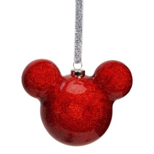 A bright red glitter bauble in the shape of Disney's iconic Mickey Mouse's head and ears. The bauble hangs from a silver glitter ribbon.