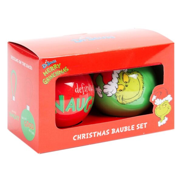 Dr Seuss The Grinch 'Good' and 'Naughty' Bauble christmas bauble set. Two decoupage christmas tree baubles from 'The Grinch' collection. The bauble on the left is red and has text on it that reads 'definitely NAUGHTY', The bauble on the right is green and has a picture of the Grinch's smirking face. Both are in a red cardboard box with a cut out window. The text alonf the bottom of the box reads 'CHRISTMAS BAUBLE SET' in white and has a picture of the Grinch's face bottom right.