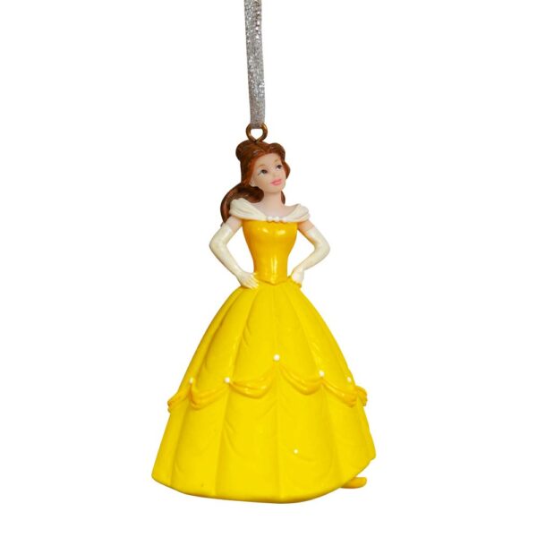 Princess Belle from Beauty and the Beast wearing her beautiful yellow ball gown. Her dress is yellow and is decorated with dark gold swags around the pleats. Each swag is decorated with a white rose that matchd the three roses along her lemon swag collar. She is also wearing lemon yellow evening gloves. She hangs from a silver glitter ribbon, ready to hang on your tree.