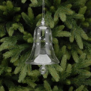 A clear glass Christmas tree bauble in the shape of a bell. The bell has etched stars around the top with silver diamante jewles in the centres of them. At the bottom there is a round clear glass clanger hanging from the bell.