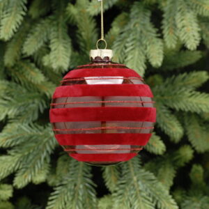 A clear glass bauble with burgundy flocked bands running horizontally around it from top to bottom, the flocked bands are sepearated by thin burgundy glitter lines. Hanging from a gold string.