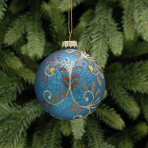 A blue antique style glass Christmas tree bauble decorated with pale gold glitter vines featuring copper and dark glod glitter leaves and gold and white diamante berries. Hanging on a gold string.