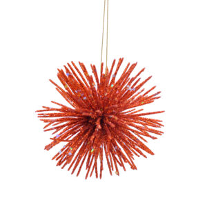 A copper/rust coloured starburst, Chritsmas tree decoration with matching glitter accents hanging on a gold string.