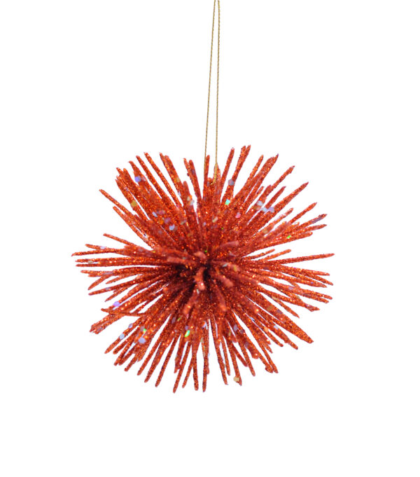 A copper/rust coloured starburst, Chritsmas tree decoration with matching glitter accents hanging on a gold string.