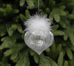 A clear glass, onion shaped Christmas tree bauble decorated with silver snowflakes on the outside and fine spun glass on the inside, the top of the bauble is decorated with a white fluffy feather. It hangs from a silver string.