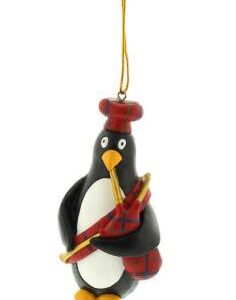 A 9cm Polyresin Scottish Bagpipe Penguin ornament with a tartan hat and a bagpipe.