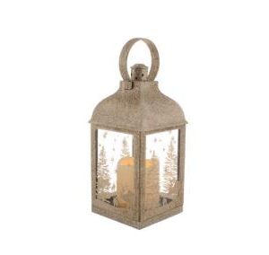 This metal lantern is coated with a pale gold glitter. The four glass panels of the lantern feature a forest scene with deer in the same colour of glitter. Inside the lantern is a large battrey operated faux candle which is giving off warm white glow.