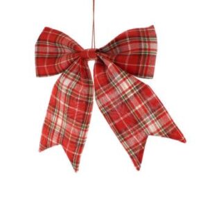 Red And White Tartan Bow hanging on a white background.