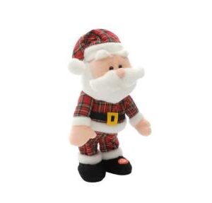 A tartan clad dancing Santa Claus Christmas plushy. Santa is wearing a red tartan trouser suit with white flufy trim on the hem and cuffs. He has a matching tartan hat with white trim and pompom, arounf his tummy he has a black felt belt with a yellow felt belt buckle. His boots are made frommblack furry material. On his left foot is a red sticker that says 'PRESS HERE'. When pressed Santa plays Christmas music that he dances to.