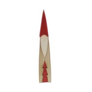 A elongated wooden Santa ornament. Santa has a red hat, pink nose and white beard against the natural wood of his elongated body shape. A the bottom, there is a cutout shape of a Christmas tree painted red with white polka dots.