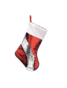 A fabric Christmas stocking with revesible red and silver sequins on the foot and a white fluffy fabric on the cuff. It has a red fabric tab for hanging.