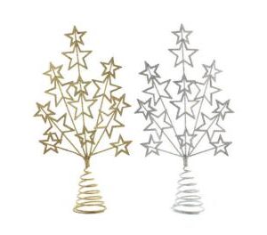 Two glitter metal star burst tree toppers. Both feature cut out metal stars in a star burst pattern exploding out from a conical spring for mounting on the tree. The one on the left is gold and the one on the right is silver.