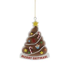 A polyresin Christmas tree shaped hanging decorations styled to look like a brown poo in the shape of a Christmas tree with a gold star on top. the 'tree' is decorated with candy canes, angels, stars, baubles and a string of white beads. Beanesth the tree there is red text that reads 'MERRY SHITMAS!' Hanging from a gold string.