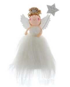 A white fabric, free standing, angel decoration. Her dress is made from white fluffy material while her bodice is made from white idirescent tinsel. Her wings are made of white iridescent pvc material that sparkles. In her left hand she is holding a silver wand with a silver glitter star on it. Her hair is made from gold coloured wool and in her hair there a a silver glitter crown. Her round pink face has a cheery smile and rosy pink cheeks.