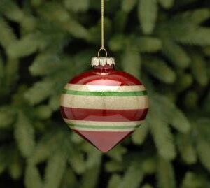 An onion shaped glass Christmas tree bauble decorated with horizontal bands of gold, green and red glitter on the inside. The bauble is smooth glass on the outside. Hanging from a gold string.