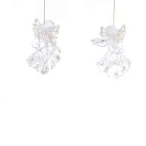 Two clear glass angels playing musical instruments featuring gold glitter detail hanging on a white background.