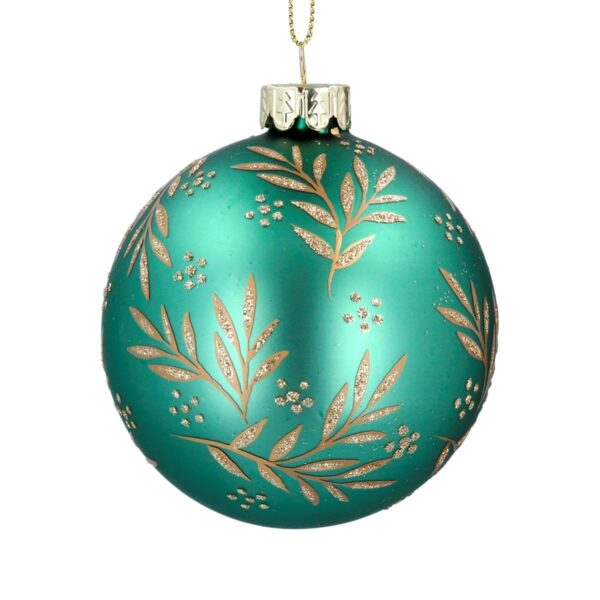 A matt mint green glass Christmas tree bauble decorated with pale gold leaves and flowers with gold glitter accents all over.