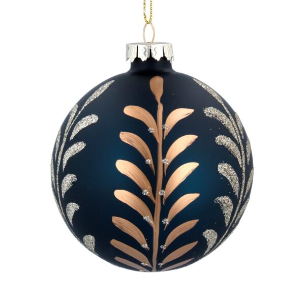 A dark teal coloured glass Christmas tree bauble decorated with an abstract leaf motif. The leaf motif in the centre is a pale bronze colour with small dots of gold glitter on the insides of the leaves. It is flanked on either side by the same shaped motif in gold glitter.