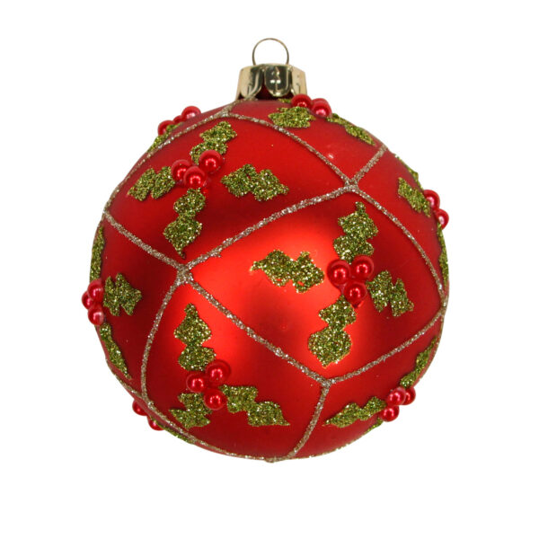 A warm red Christmas Bauble by designer Gisela Graham featuring groups of glittery holly leaves and berries made from jewels. A pale gold glitter lattice design covers the bauble. The bauble is quite traditional and 80mm wide.It is displayed on a white background.