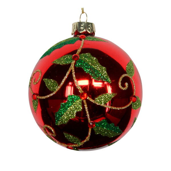 A metallic red glass Christmas tree bauble decorated with pale green glitter vines and green glitter holly leaves and red diamante berries.