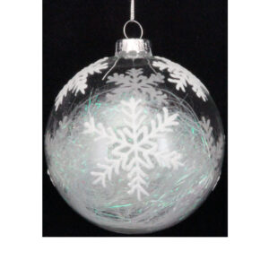 An iridescent, tinsel filled, clear bauble with White Snowflakes.