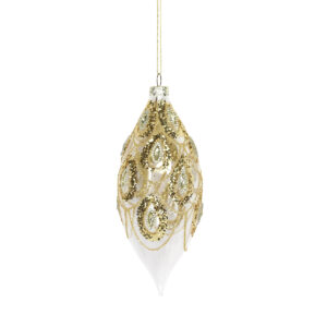 A clear glass, teardrop shaped, Christmas tree bauble decorated with Gold glitter swags, inside each swag is a gold glitter teardrop shape with a gold diamante jewel in the centre. Hanging from a gold string.