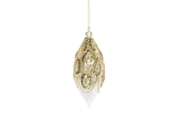 A clear glass, teardrop shaped, Christmas tree bauble decorated with Gold glitter swags, inside each swag is a gold glitter teardrop shape with a gold diamante jewel in the centre. Hanging from a gold string.