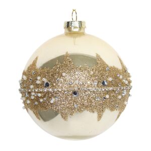 A metallic gold coloured glass Christmas tree bauble decorated with a spikey gold glitter band around the centre with a silver diamante band around its middle and tiny white pearl beads and diamantes over the glitter.