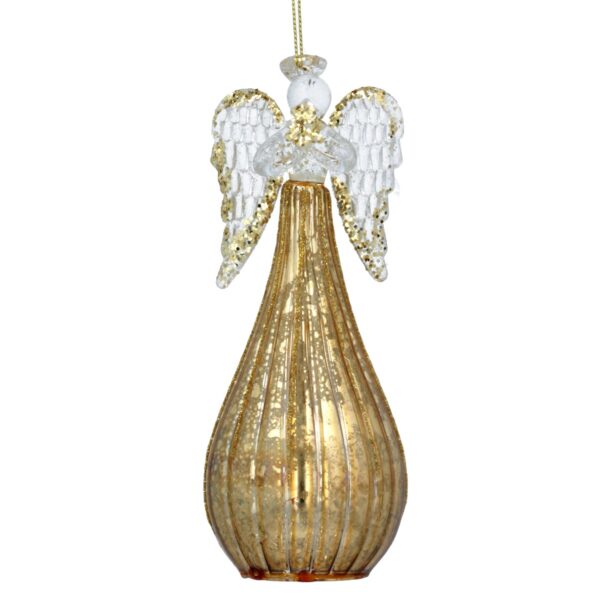 This glass Christmas tree decoration is in the shape of an angel. She has an elongated bulbous onion shaped skirt in antique gold with fine gold glitter lines running vertically up it. Her clear glass wings have a feather pattern embossed in them and are outlined in gold glitter. Her body, head and halo are also made of clear glass. She is holding a small Christmas tree decorated with gold glitter in her hands. She hangs from a gold string.