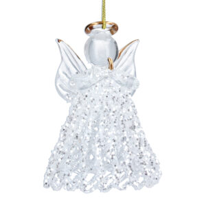 A clear glass Angel Christmas tree ornament. This handmade angels dress is made in a delicate filgree pattern with silver glitter all over. Her clear wings and halo have a painted gold accent as does her praying hands. She hangs from a gold string.