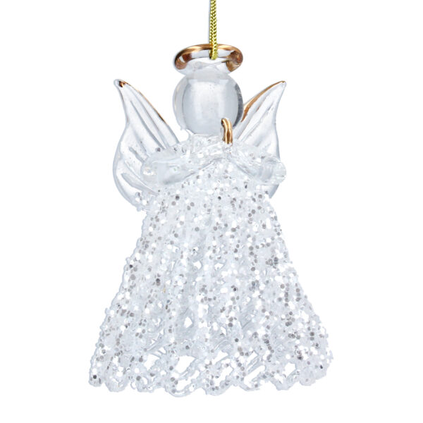 A clear glass Angel Christmas tree ornament. This handmade angels dress is made in a delicate filgree pattern with silver glitter all over. Her clear wings and halo have a painted gold accent as does her praying hands. She hangs from a gold string.