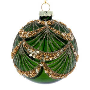 A transparent, green, glass Christmas tree bauble decorated with swags of gold sequins and beads with pale glitter fan detail.