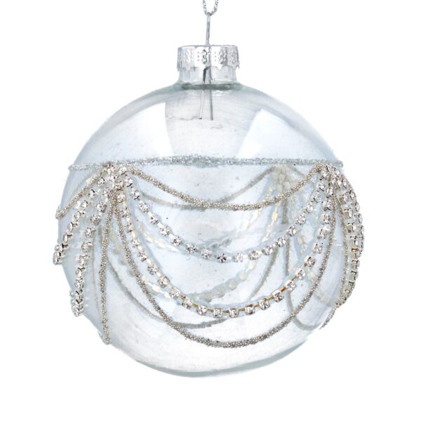 A clear glass Christmas tree bauble decorated with silver glitter and clear diamante swags all around the centre.