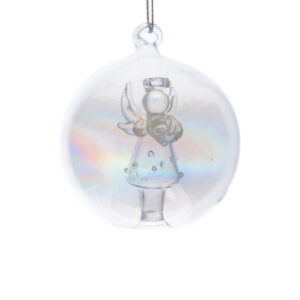 A hand blown, iridescent, clear glass Christmas tree bauble containg a blown glass Angel inside. The Angel has polka dots on her dress and is holding a heart.