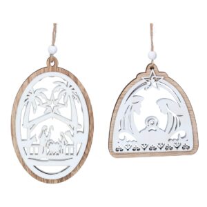 A pair of wooden Christmas tree decorations depicting the Nativity. The decoration on the left is oval shaped with a white, die cut, wooden centre depicting Mary and Jospeh standing over the Baby Jesus .They are inside the stable surrounded by a donkey and a camel. Above the stable is a large star flanked by two palm trees. This sits on a oval shaped natural wooden frame attched to a hessian string with a white bead. The decoration on the right is arch shaped and features a white, die cut, wooden centre depicting a more stylised representation of Mary and Jospeh standing over the Baby Jesus, above them there is a star a nd beneath then a band of fretwork hearts. This sits on a arch shaped natural wooden frame attched to a hessian string with a white bead.