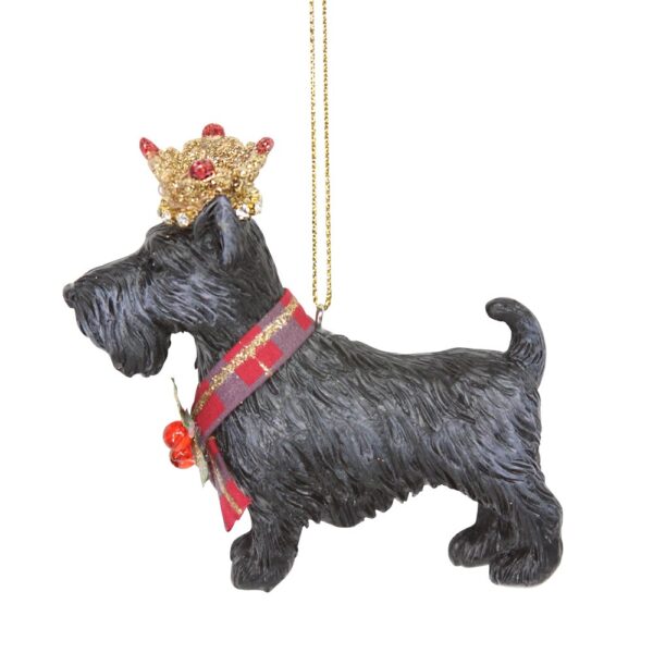 A poly resin Christmas tree decoration in the shape of a Scottish Terrier dog. This cute black Scotty wears a golden crown decorated with gold glitter, diamante jewels and red berries. He wears a red tartan scarf with gold glitter detail decorated with a sprig of holly with red berries. He hangs from a gold string.