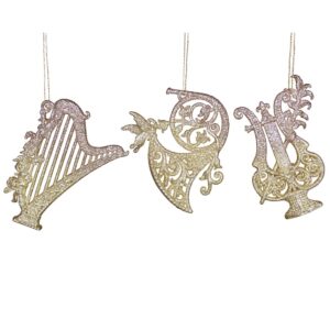 A trio of golden musical instrument Christmas Tree decorations. These musical instruments are covered completely in pale gold glitter. The one on the left is a harp, the one in the middle is a french horn and the one on the right is a lyre. All have a floral decoration on them and hang from a gold string.