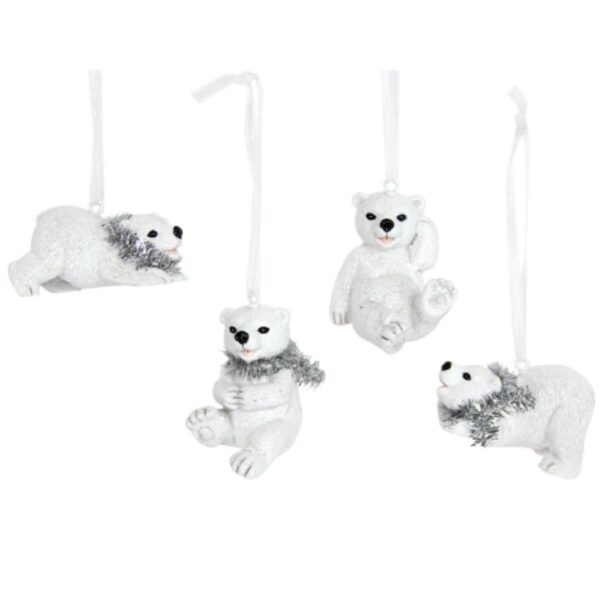 A set of four polyresin, polar bear shaped Christmas tree decorations. These white bears have black noses and eyes and pink mouths. They are all sitting or lying in various positions. All bar one have silver tinsel scarves around their necks. All hang from a white ribbon.