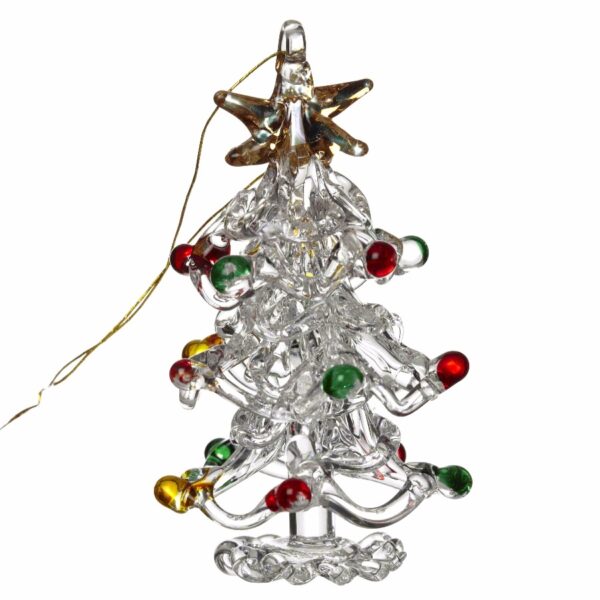 A small and delicate handmade clear glass Christmas tree with yellow, green and red glass baubles on it's branches and a gold glass star on top. It has a gold string for hanging on the tree.