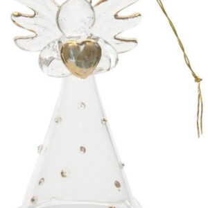 A clear glass Angel Christmas tree decoration. This angel has a clear skirt with tiny glass polka dots with gold accents. Her wings and halo also have gold detail on them and she is holding a gold glass heart in her hands. She has a gold string for hanging.