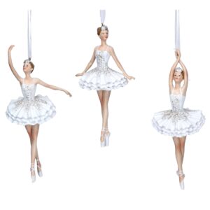 A set of three, polyresin ballet dancer figurine Christmas tree decorations. These ballerinas all wear white tutus with amtching bodices decorated with silver glitter on the front and arounf the waist. They also have a small silver tiara in their hair and are wearing white ballet shoes with ribbons. The one on the left is in the croisé devant position, the one in the centre is in the À la quatrième devant position and the one on the right is in the glissade postiton. All hang from a white ribbon for hanging on the tree.