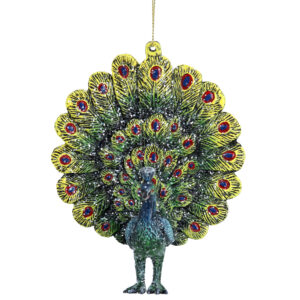 A polyresin Christmas tree decoration depicting a Peacock with his tail open showing his colorful feathers. Hangs from a gold string.