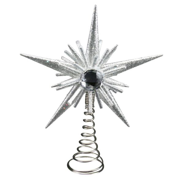 A silver glitter starburst tree topper. This star shaped tree topper has five large silver glitter points making up the main shape with several smaller silver glitter points radiating out from behind a large round clear diamnte jewel in the centre. The star sits on top of a silver conical spring used for mounting on top of the tree.