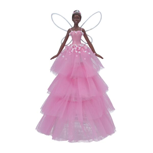 This dark skin coloured angel Christmas tree topper has a pink fabric skirt made of four tiers of pink netting. The top tier has tiny pink and white beaded deatil around the waist. Her bodice is pink with the same pink and white bead deatil around the sweetheart neckline. Her wings are a simple white wire frame in a butterfly shape. her hair is up in a bun style and is finished with a tiara of tiny white and pink beads.