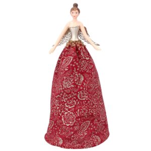 This tall angel Christmas tree topper has a red fabric skirt that has been printed with gold floers and leaves all over. Her bodice is pale gold with a fine gold glitter trim at the top and gols tinsel around her waist. She has delicate die cut gold metal wings. She has brown hair that is up in a bun style.