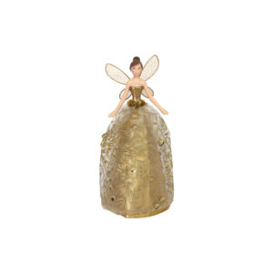 A gold Angel Chrtistmas tree topper. This Angel tree topper has an antique gold satin underskirt overlaid with a fine gold lace skirt that has gold vines and leaves woven through it, decorated with gold glitter and sequins. Her bodice is an antique gold colour and is finished with matching tinsel around her waist. Her delicate wings are made from fine gold mesh with gold glitter on a gold wire frame. She has a matching gold band in her hair.