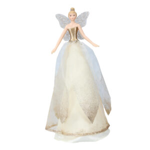 A golden fairy tree topper. This fairy tree topper has a cream satin underskirt that has two pale gold voile skirts on top. The first skirt has gold glitter detail around the hem of the skirt while the top skirt has a scalloped petal shaped egde with gold glitter deatail on the tips of the petals. Her bodice is a metallic gold colour with clear bead detail around the waist. Her fairy wings are made of clear acrylic coated in gold glitter and her hair is blond and tied up in a bun fastened with a gold band with diamaante jewel.