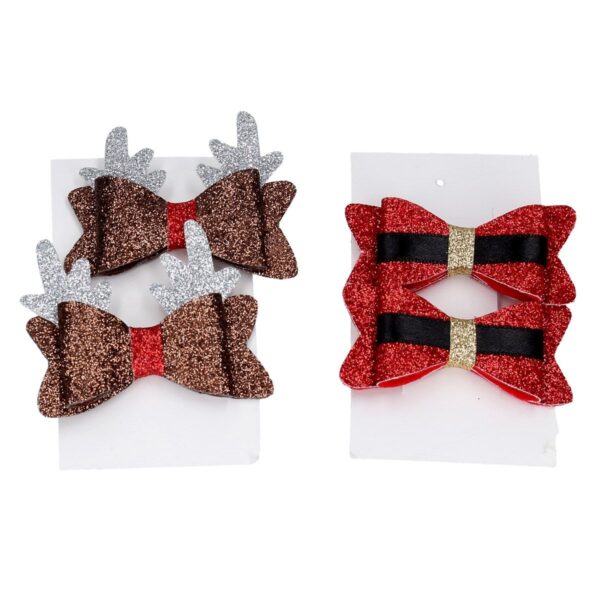 Two pairs of Festive Glitter Hair Clips - These hair clips are in the shape of bows and a covered completley on glitter. The set on the left has silver reindeer antlers poking out of the brown bow which has a red band in the centre, akin to rudolph and his red nose and the set on the right are red with a horizontal black stripe running through them with a gold band in the centre just like Santa's belt buckle on his red suit. Both are attached to a piece of cardboard for displaying on a hook.