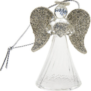 A clear glass angel shaped Christmas tree decoration. This Angels wings and halo are completely covered in silver glitter. In her hands she holds a glass heart that is also covered in silver glitter. It has a silver string for hanging.